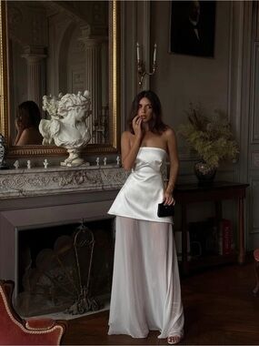 Strapless White Satin Peplum Maxi Dress